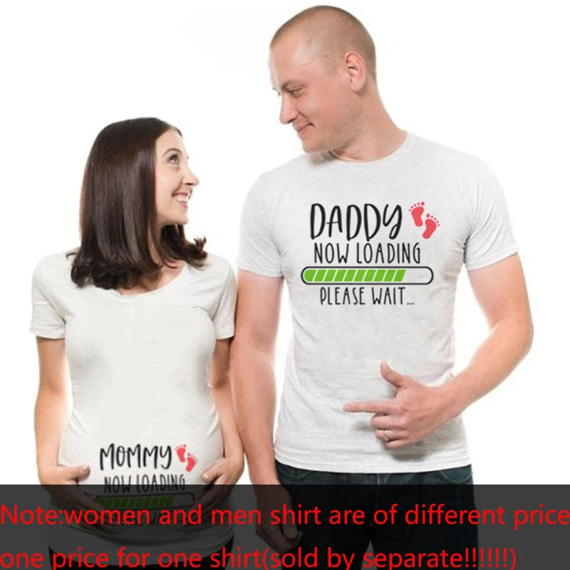 1pcs Mommy Daddy Loading Please Wait T-Shirt | Funny Couple Pregnancy Announcement Shirts | Plus Size Maternity T-Shirt | Family Clothes