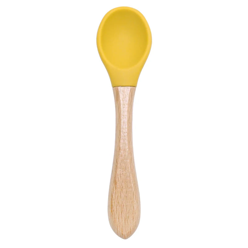 Feeding Wooden Handle Silicone Spoon for Baby – Training Utensils for Solid Foods – Kids' Manipulative Ability Development – Safe and Durable Children's Tableware