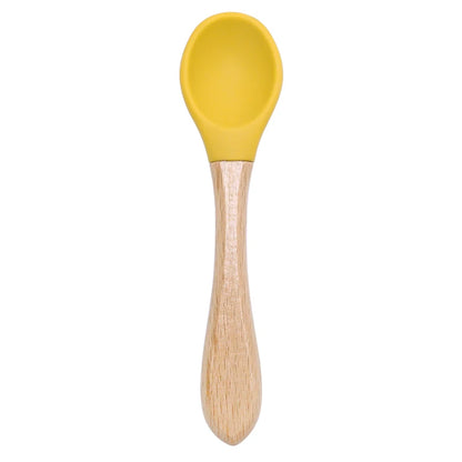 Feeding Wooden Handle Silicone Spoon for Baby – Training Utensils for Solid Foods – Kids' Manipulative Ability Development – Safe and Durable Children's Tableware