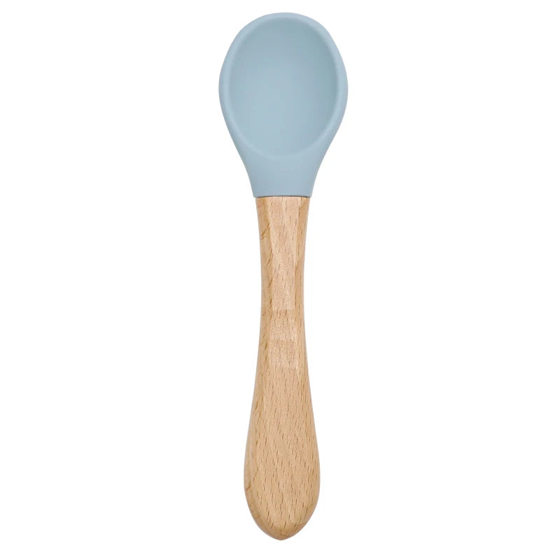 Feeding Wooden Handle Silicone Spoon for Baby – Training Utensils for Solid Foods – Kids' Manipulative Ability Development – Safe and Durable Children's Tableware