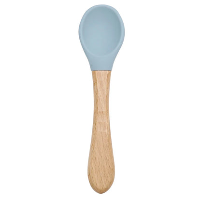 Feeding Wooden Handle Silicone Spoon for Baby – Training Utensils for Solid Foods – Kids' Manipulative Ability Development – Safe and Durable Children's Tableware