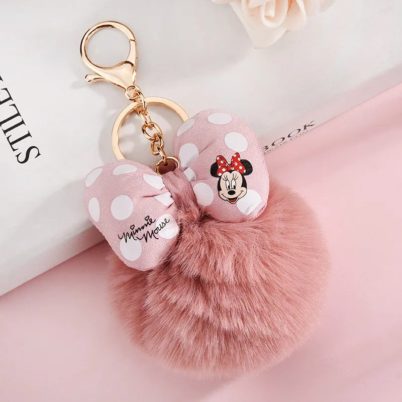 Disney Minnie and Mickey Mouse Plush Keychains, Cartoon Polka Dot Bow Pom-Pom Pendant Gift