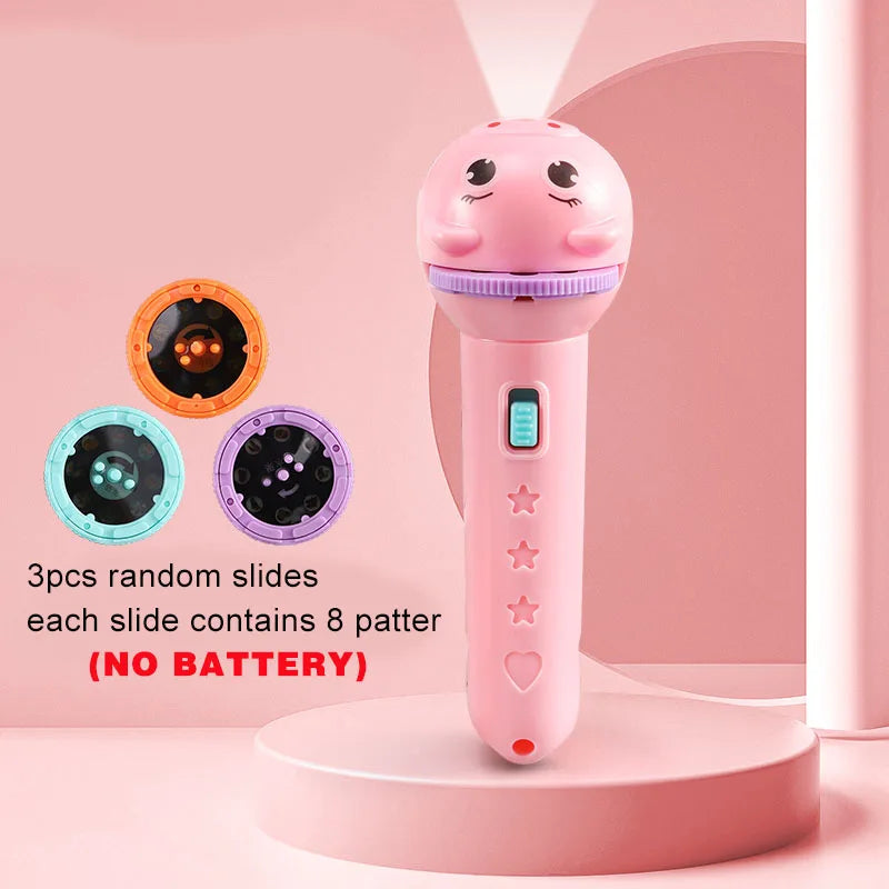 Kids Flashlight Projector Night Light – Storybook Torch with 3 Slide Cards, 8-Pattern Rotating Projection (LR44 Button Batteries Not Included)