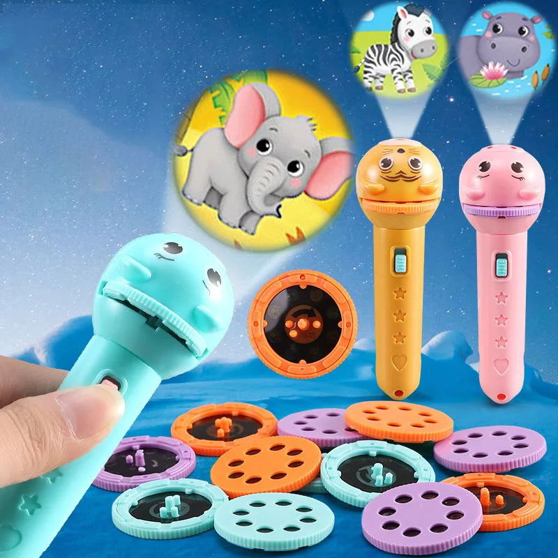 Kids Flashlight Projector Night Light – Storybook Torch with 3 Slide Cards, 8-Pattern Rotating Projection (LR44 Button Batteries Not Included)