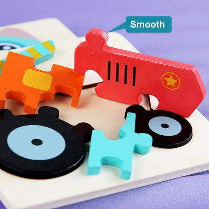 Kids Wooden 3D Puzzle, Cartoon Animals Cognitive Jigsaw, Early Learning Educational Toy for Children Gift