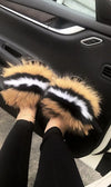 Women’s Fluffy Fox Fur Slides – Plush Furry Slippers with Anti-Slip Sole (Black, White, Red, Rainbow & Multi-Color Options)