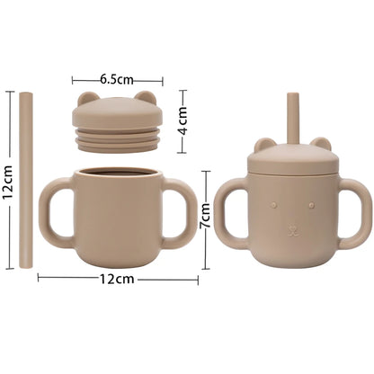 Cartoon Bear Baby Drinking Cup with Double Handles, Straw Feeding Cup, BPA-Free Soft Silicone Learn to Drink Cup, Newborn Accessories