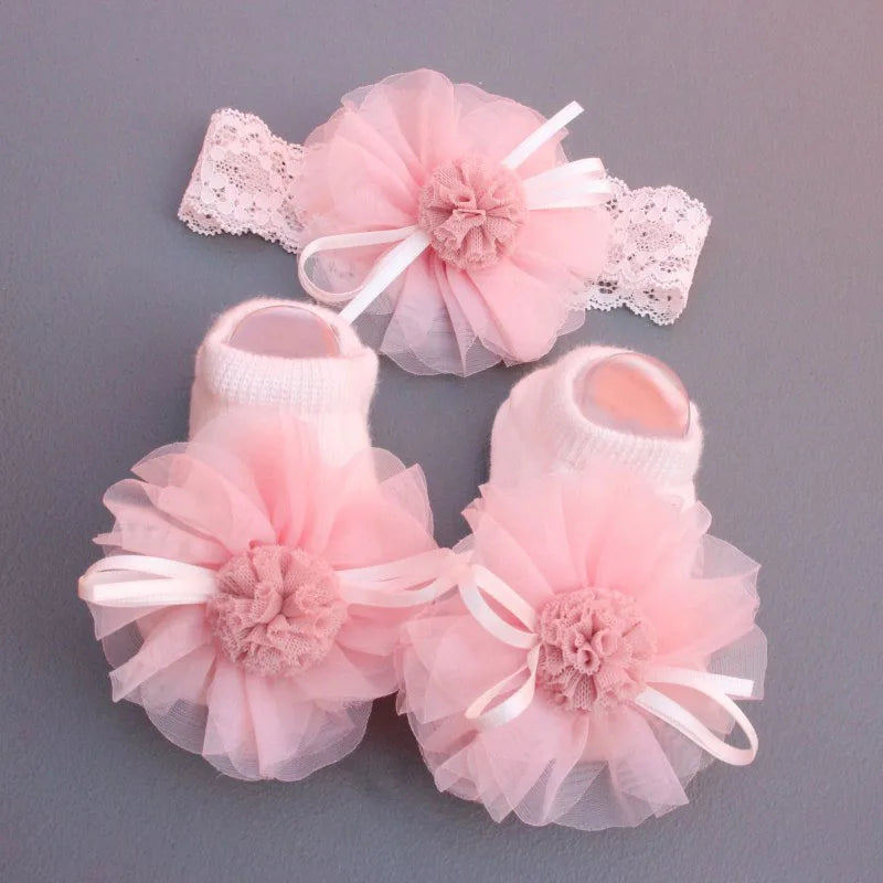 2 Pcs/Set Elastic Baby Headband Socks Set Lace Flower Newborn Girl Short Socks Bow Crown Infant Hairband