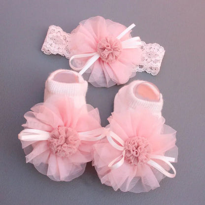 2 Pcs/Set Elastic Baby Headband Socks Set Lace Flower Newborn Girl Short Socks Bow Crown Infant Hairband