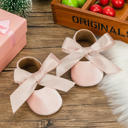 KIDSUN Baby Shoes – Girls Princess Shoes, Non-Slip Flat Soft-Sole Cotton Rubber First Walkers with Cute Bow-Knot for Newborns