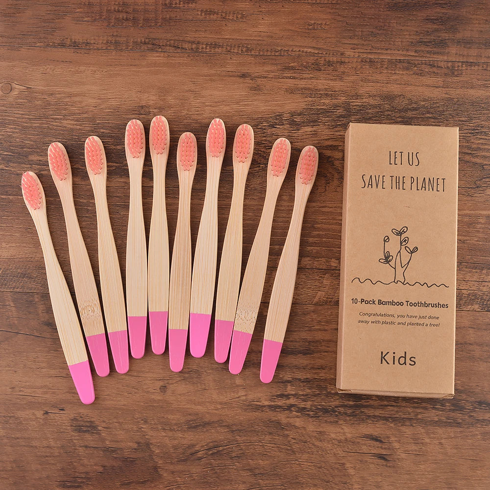 Children's Bamboo Toothbrushes, 10Pcs Soft Bristles, Eco-Friendly Biodegradable Wooden Handle, Teeth Whitening Brush