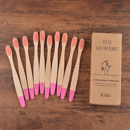 Children's Bamboo Toothbrushes, 10Pcs Soft Bristles, Eco-Friendly Biodegradable Wooden Handle, Teeth Whitening Brush