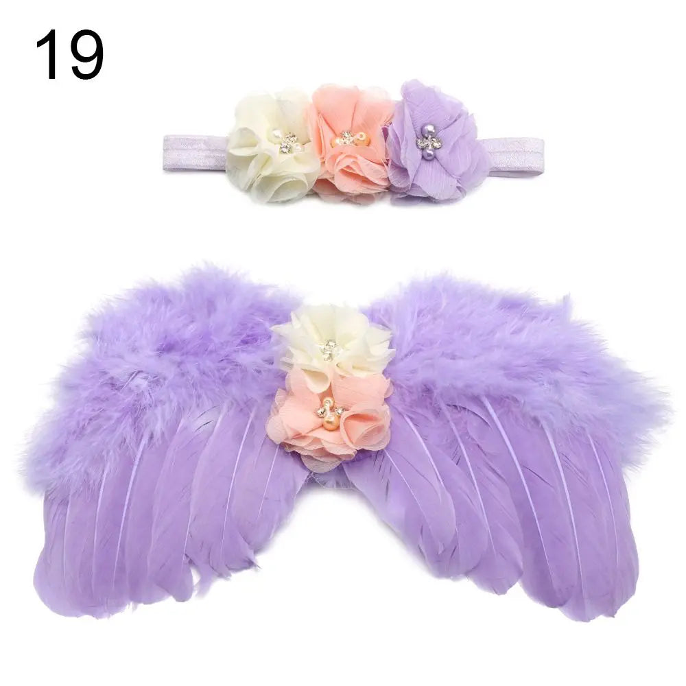 2pcs/Set Cute Newborn Angel Feather Wings & Baby Girl Rose Flower Headband Hair Accessories for Infant Photography Props