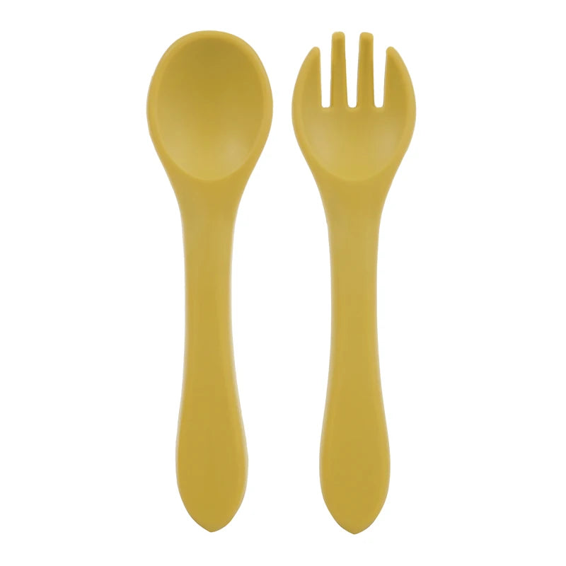 BPA-Free Soft Silicone Baby Spoon Set - Auxiliary Food Utensils for Toddler, Bendable Fork & Training Spoon, Children’s Tableware