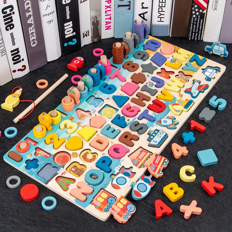 Montessori Wooden Math Toy – Busy Board with Counting, Shape, Color Matching, and Fishing Puzzle for Kids