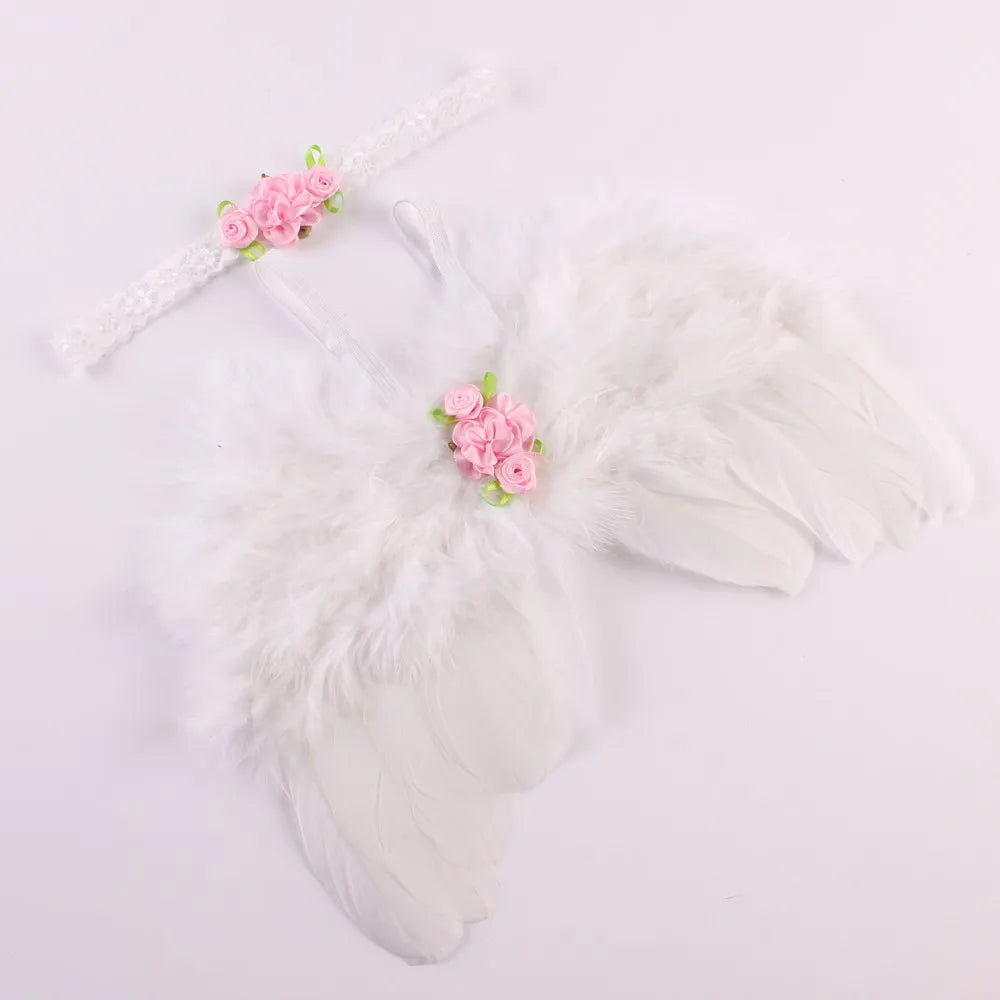 2pcs/Set Cute Newborn Angel Feather Wings & Baby Girl Rose Flower Headband Hair Accessories for Infant Photography Props