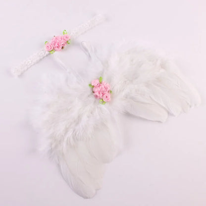 2pcs/Set Cute Newborn Angel Feather Wings & Baby Girl Rose Flower Headband Hair Accessories for Infant Photography Props