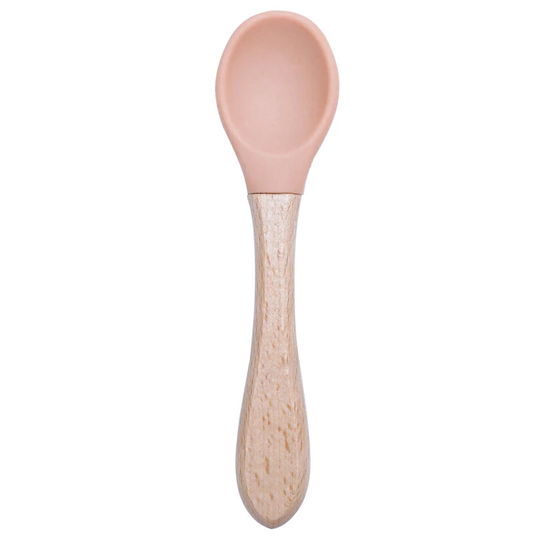 Feeding Wooden Handle Silicone Spoon for Baby – Training Utensils for Solid Foods – Kids' Manipulative Ability Development – Safe and Durable Children's Tableware