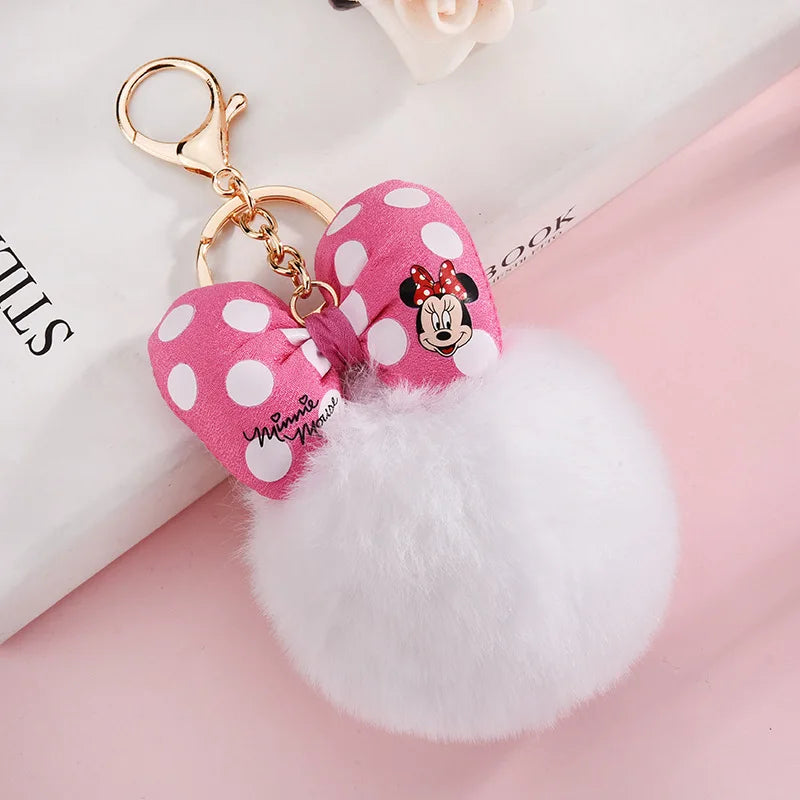 Disney Minnie and Mickey Mouse Plush Keychains, Cartoon Polka Dot Bow Pom-Pom Pendant Gift