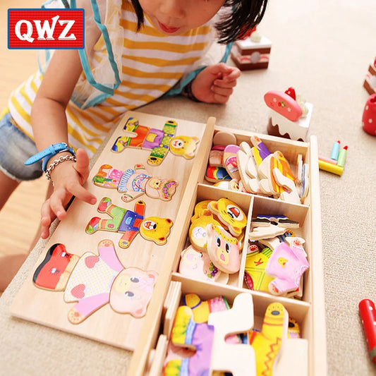 QWZ Little Bear Change Clothes, Children's Early Education Wooden Jigsaw Puzzle, Dressing Game, Baby Puzzle Toy for Children Gift