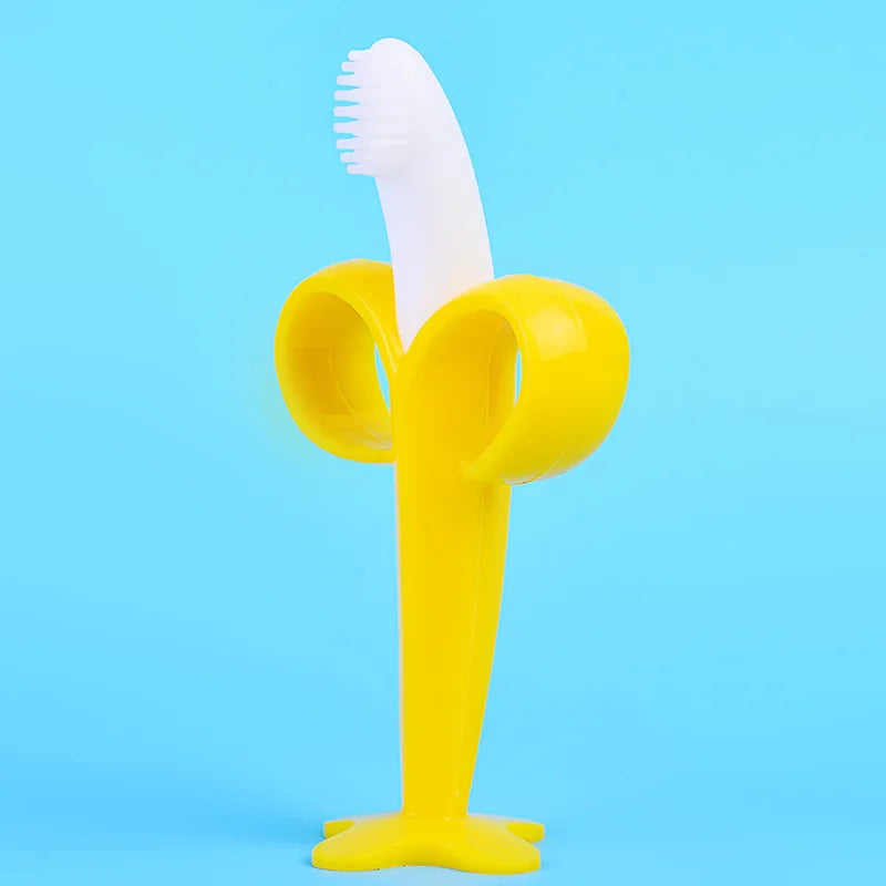 Baby Silicone Training Toothbrush - BPA Free Banana Shape Teether Chew Toy and Teething Ring for Infants