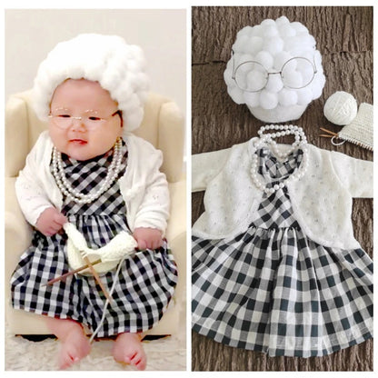 Funny Baby Photography Props Costume Set for Girls – Infant Cosplay Outfit, Grandma Clothes, Photo Shooting Hat and Accessories