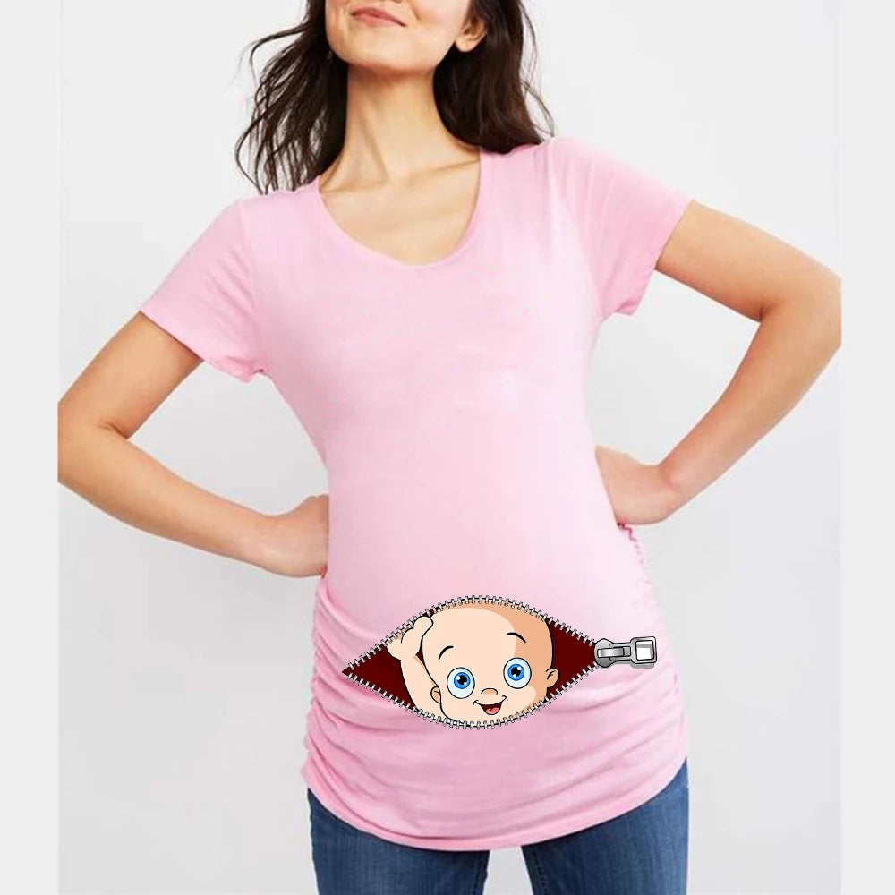 Summer Funny Cartoon Print Maternity T-Shirt | Pink Plus-Size Short Sleeve Tops | Pregnant Women Hot Sale T-Shirts