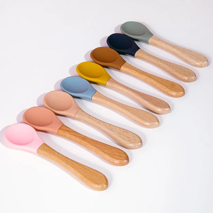 Feeding Wooden Handle Silicone Spoon for Baby – Training Utensils for Solid Foods – Kids' Manipulative Ability Development – Safe and Durable Children's Tableware