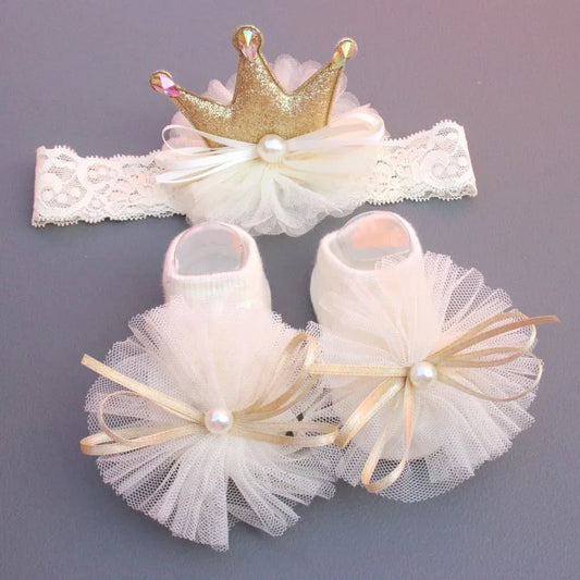 2 Pcs/Set Elastic Baby Headband Socks Set Lace Flower Newborn Girl Short Socks Bow Crown Infant Hairband