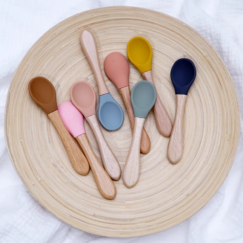 Feeding Wooden Handle Silicone Spoon for Baby – Training Utensils for Solid Foods – Kids' Manipulative Ability Development – Safe and Durable Children's Tableware