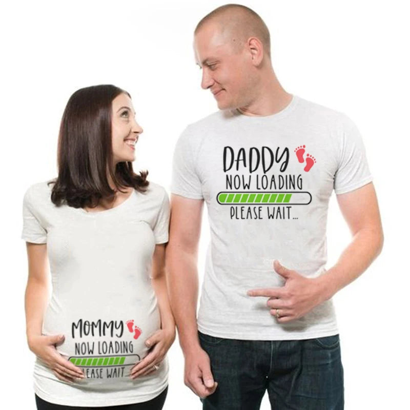 1pcs Mommy Daddy Loading Please Wait T-Shirt | Funny Couple Pregnancy Announcement Shirts | Plus Size Maternity T-Shirt | Family Clothes