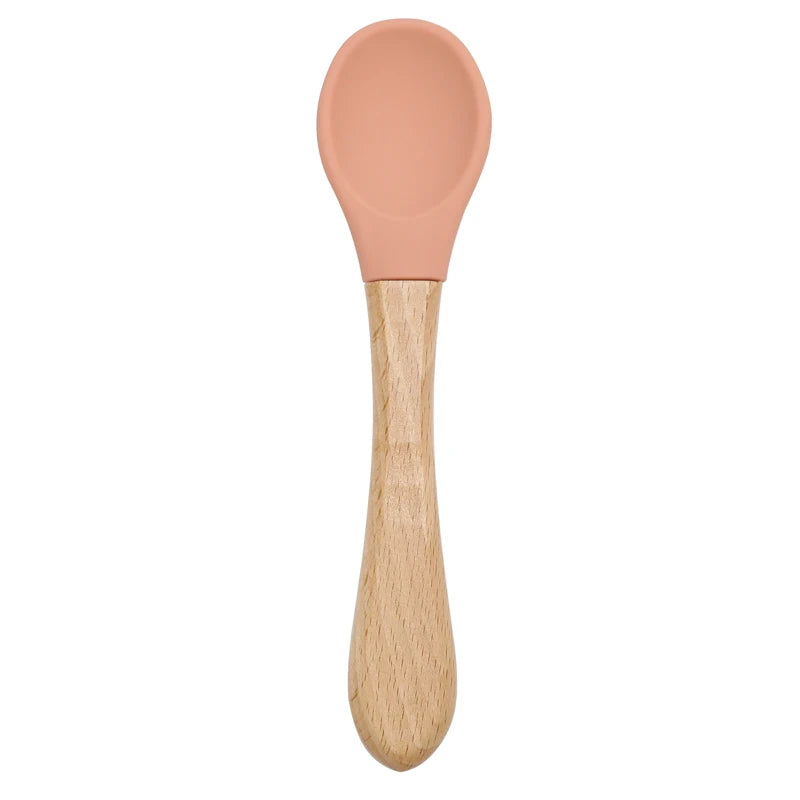 Feeding Wooden Handle Silicone Spoon for Baby – Training Utensils for Solid Foods – Kids' Manipulative Ability Development – Safe and Durable Children's Tableware