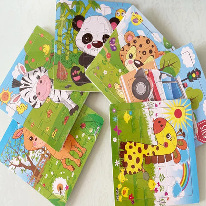 12 or 9 Pieces Wooden Puzzle Set for Kids – Cartoon Vehicle and Animal Educational Toys