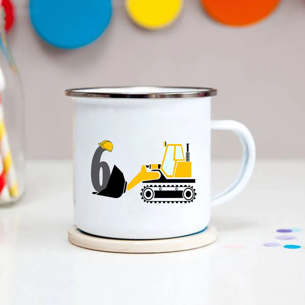 Cartoon Excavator Enamel Kids Mug for Ages 1-8 - 3.14in x 3.35in Breakfast & Cocoa Cup, Boys Birthday Gift