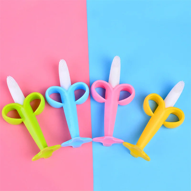 Baby Silicone Training Toothbrush - BPA Free Banana Shape Teether Chew Toy and Teething Ring for Infants