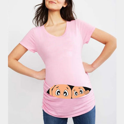 Summer Funny Cartoon Print Maternity T-Shirt | Pink Plus-Size Short Sleeve Tops | Pregnant Women Hot Sale T-Shirts
