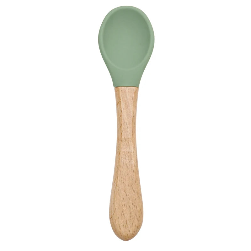 Feeding Wooden Handle Silicone Spoon for Baby – Training Utensils for Solid Foods – Kids' Manipulative Ability Development – Safe and Durable Children's Tableware
