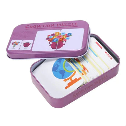 Baby Cognition Puzzle Toys, Toddler Kids Iron Box Cards, Matching Game, Cognitive Card, Car, Fruit, Animal & Life Puzzle