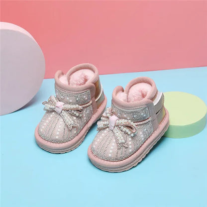 2024 Winter New Baby Snow Boots Butterfly-Knot Pearl Warm Plush Girls Princess Boots Soft Sole Ankle Toddler Kids Boots