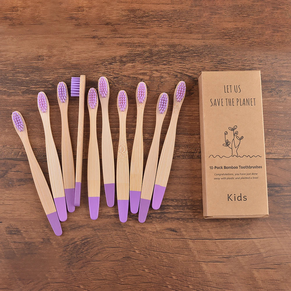 Children's Bamboo Toothbrushes, 10Pcs Soft Bristles, Eco-Friendly Biodegradable Wooden Handle, Teeth Whitening Brush