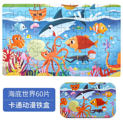 60 Pieces Wooden Jigsaw Puzzle – Cartoon Vehicle and Animal Educational Toy for Kids