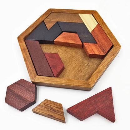 Hexagonal Wooden Puzzles, IQ Game Educational Toy for Children, Kids & Adults, Tangram Board IQ Brain Teaser, Montessori Gift Toy