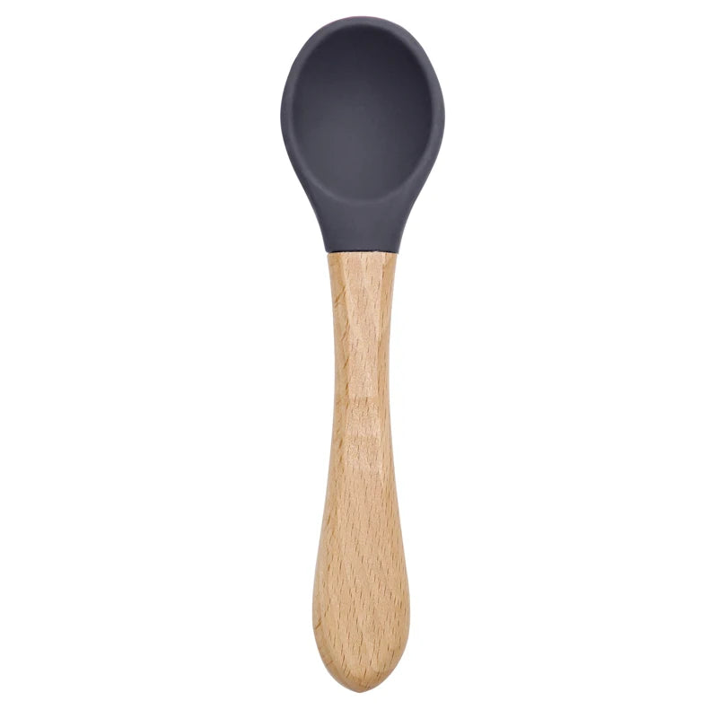 Feeding Wooden Handle Silicone Spoon for Baby – Training Utensils for Solid Foods – Kids' Manipulative Ability Development – Safe and Durable Children's Tableware
