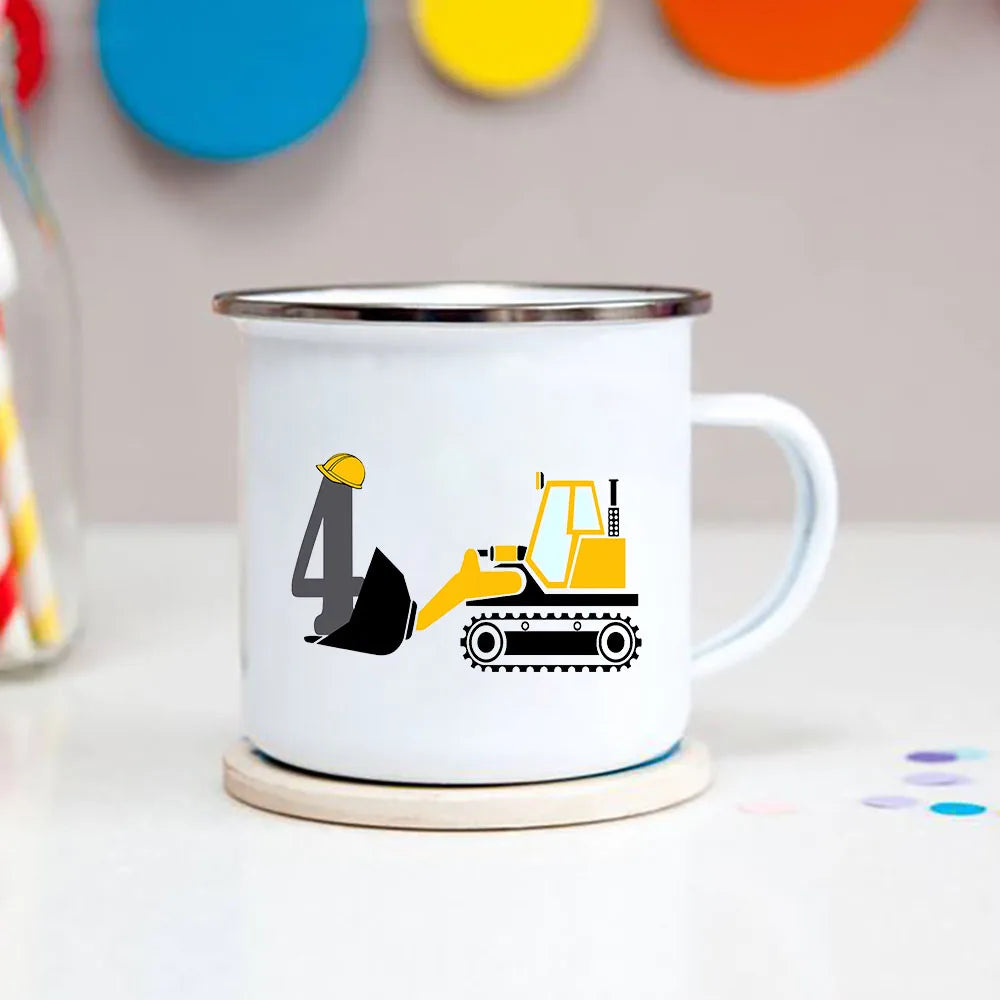 Cartoon Excavator Enamel Kids Mug for Ages 1-8 - 3.14in x 3.35in Breakfast & Cocoa Cup, Boys Birthday Gift