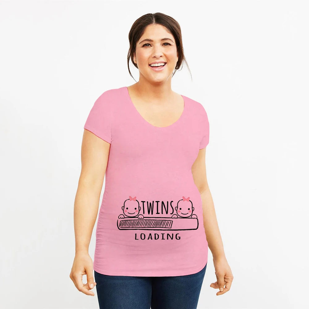 It's Twins Pregnancy T-Shirt | Maternity Tops | Plus-Size Short Sleeve Cartoon Print Announcement Tee for Pregnant Women