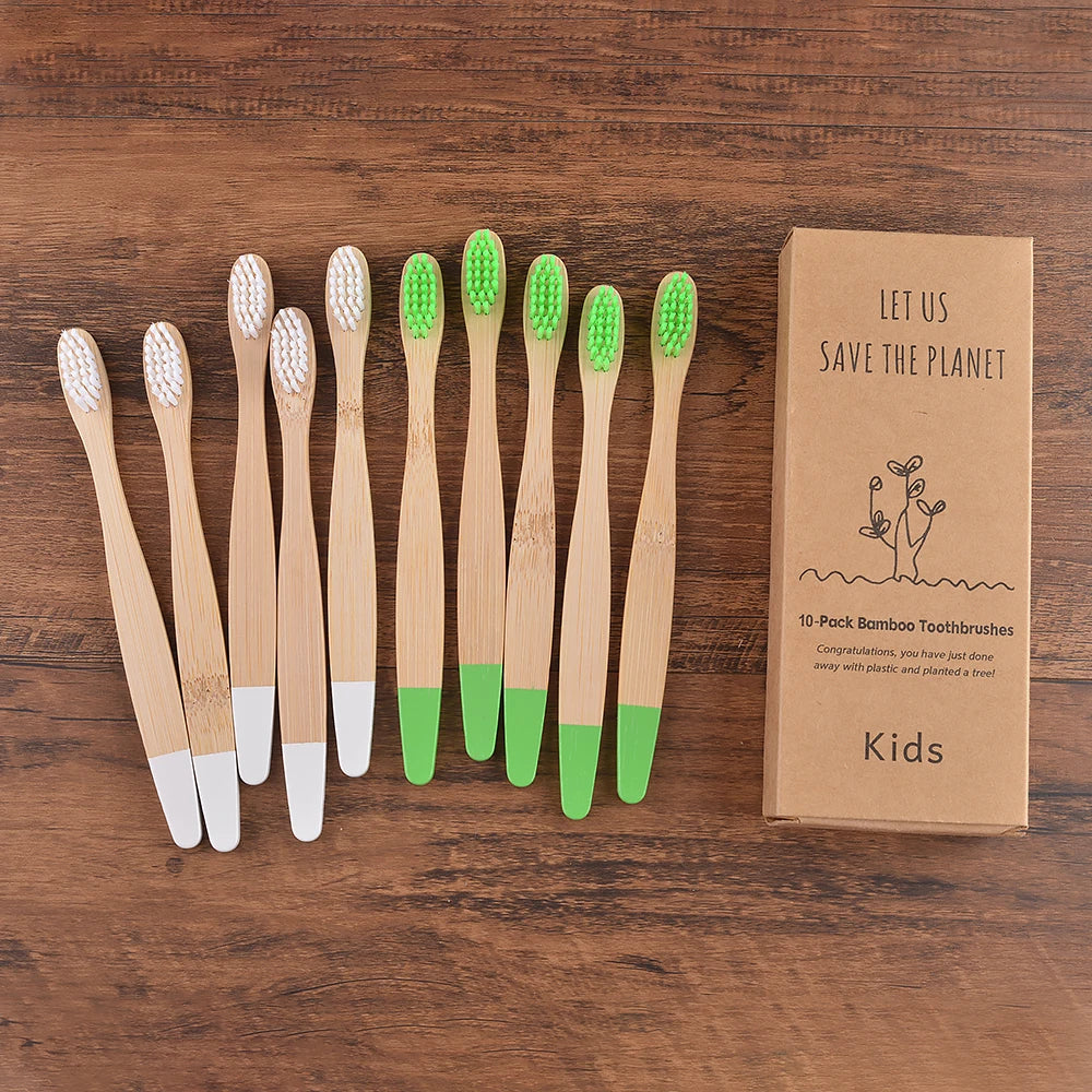 Children's Bamboo Toothbrushes, 10Pcs Soft Bristles, Eco-Friendly Biodegradable Wooden Handle, Teeth Whitening Brush