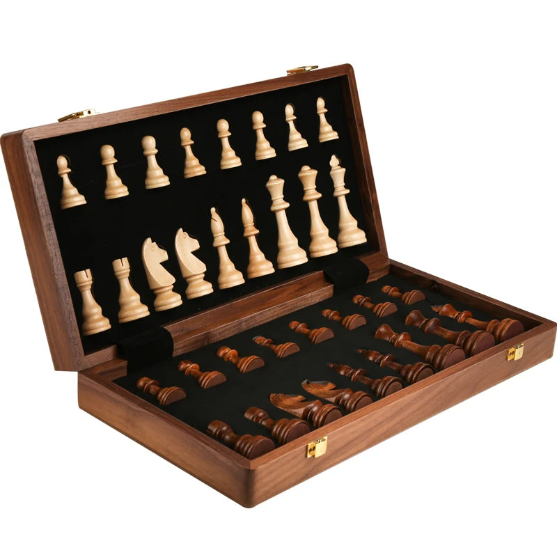Top-Grade Wooden Folding Traditional Classic Chess Set Solid Wood Walnut Chessboard Children’s Gift Board Game