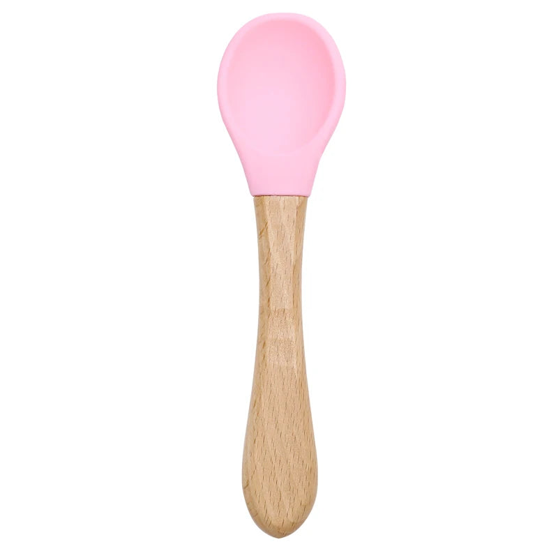 Feeding Wooden Handle Silicone Spoon for Baby – Training Utensils for Solid Foods – Kids' Manipulative Ability Development – Safe and Durable Children's Tableware