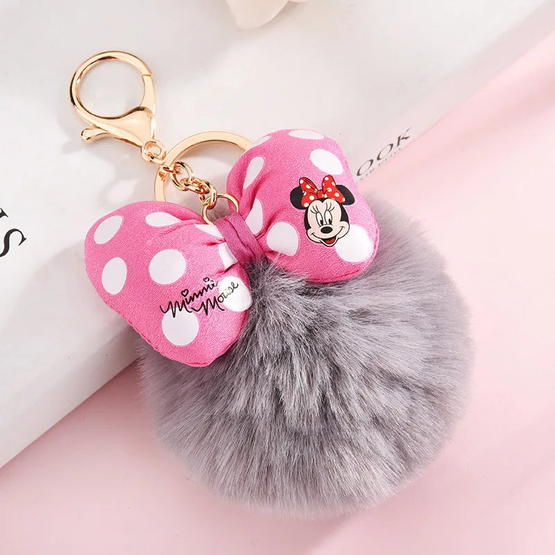 Disney Minnie and Mickey Mouse Plush Keychains, Cartoon Polka Dot Bow Pom-Pom Pendant Gift