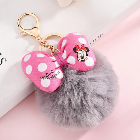 Disney Minnie and Mickey Mouse Plush Keychains, Cartoon Polka Dot Bow Pom-Pom Pendant Gift